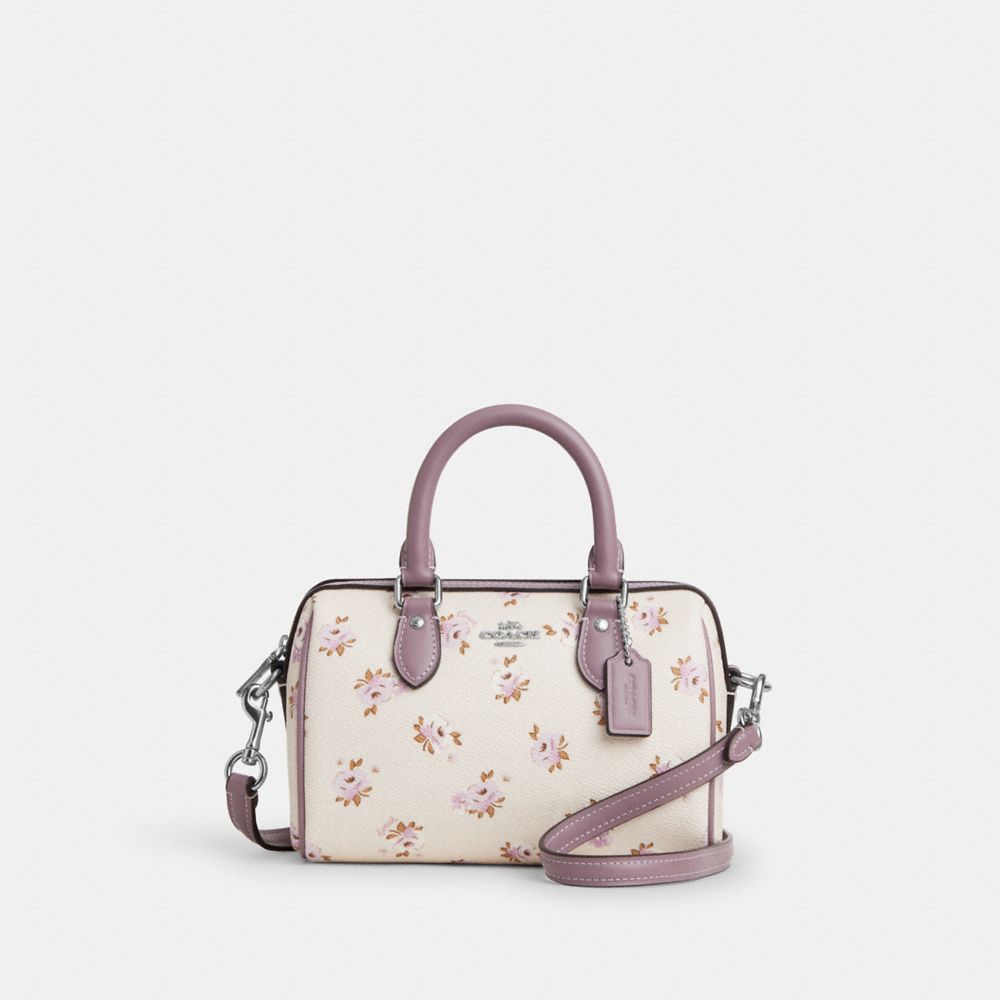 COACH®,MINI SAC BANDOULIÈRE ROWAN AVEC MOTIF FLEURI,Argent/Craie multi,Front View