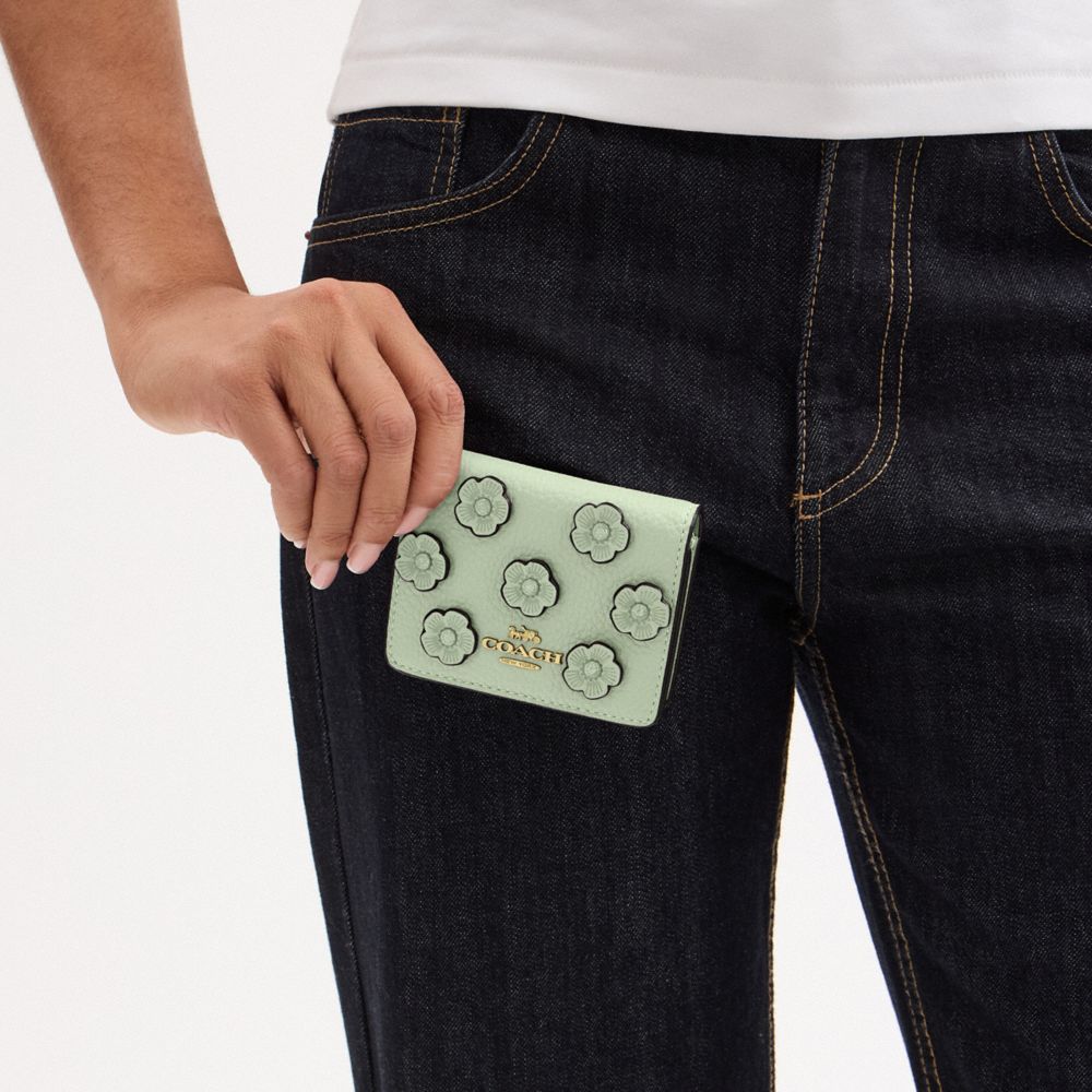 COACH®,Mini Wallet On A Chain With Floral Applique,Leather,Crossbody,Logo,Applique,Metal,Day Party,,Detail View
