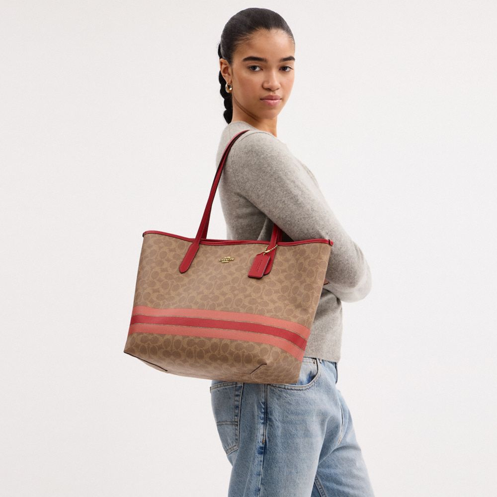 COACH®,City Tote Bag In Signature Canvas With Stripe,,Detail View