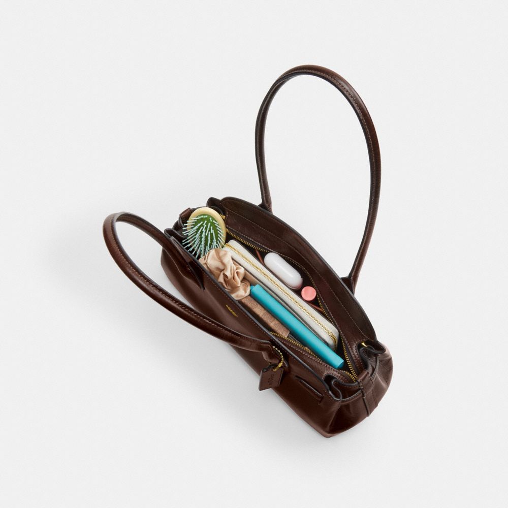 COACH®,Empire Carryall Bag 34,Leather,Shoulder Bag,Embossed,Metal,Logo,Expandable,Gusset,Brass,Casual,Brown,Inside View,Top View