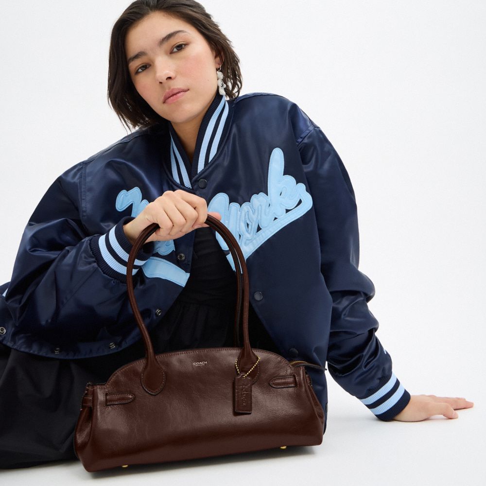 COACH®,Empire Carryall Bag 34,Leather,Shoulder Bag,Embossed,Metal,Logo,Expandable,Gusset,Brass,Casual,Brown,Detail View