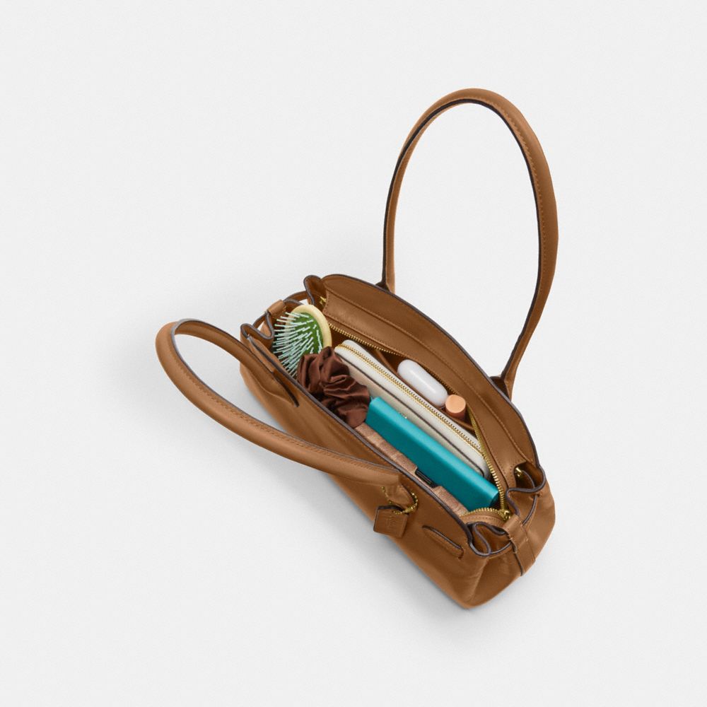 COACH®,Empire Carryall Bag 34,Leather,Shoulder Bag,Embossed,Metal,Logo,Expandable,Gusset,Brass,Casual,Brown,Inside View,Top View