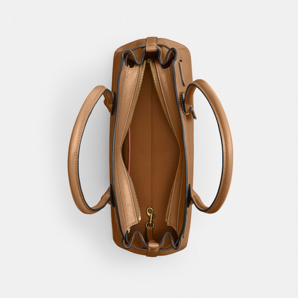 COACH®,Empire Carryall Bag 34,Leather,Shoulder Bag,Embossed,Metal,Logo,Expandable,Gusset,Brass,Casual,Brown,Inside View,Top View