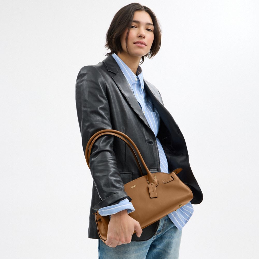 COACH®,Empire Carryall Bag 34,Leather,Shoulder Bag,Embossed,Metal,Logo,Expandable,Gusset,Brass,Casual,Brown,Detail View