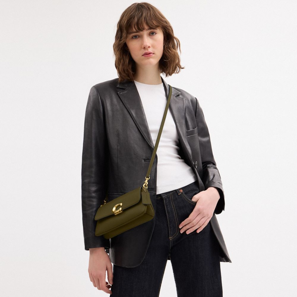 COACH®,Jet Shoulder Bag,Calfskin Leather,Shoulder Bag,Logo,Metal,Embossed,Gold Metal,Day Party,Olive,Detail View