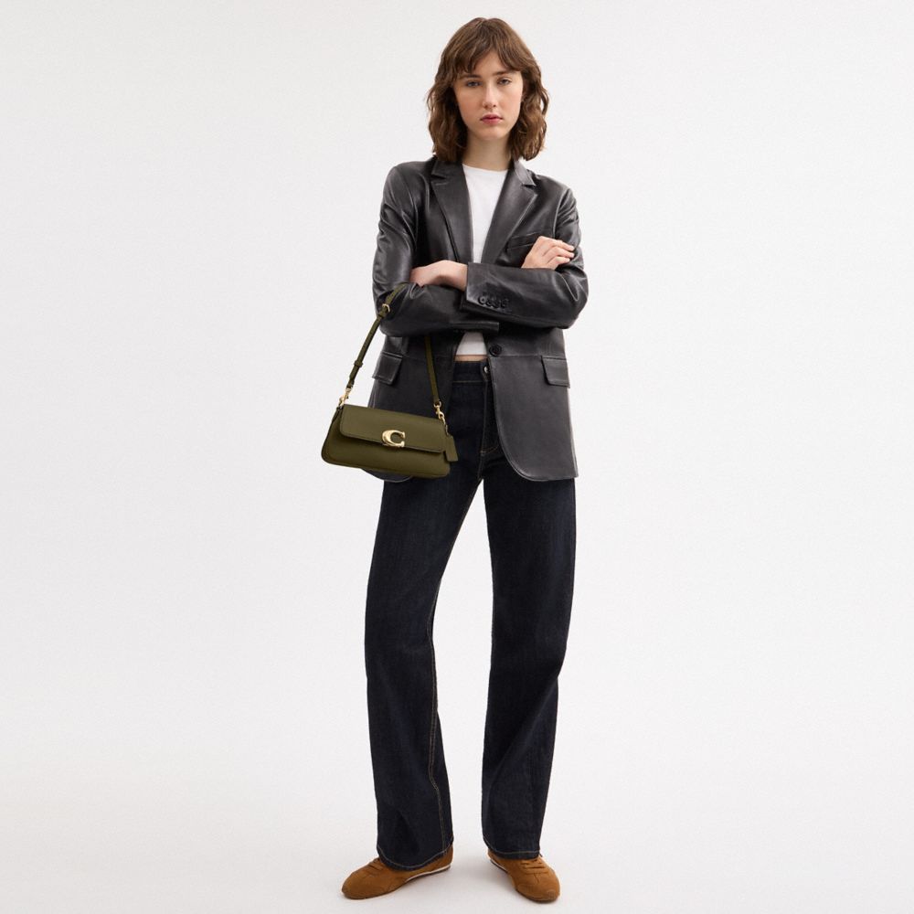 COACH®,Jet Shoulder Bag,Calfskin Leather,Shoulder Bag,Logo,Metal,Embossed,Gold Metal,Day Party,Olive,Detail View