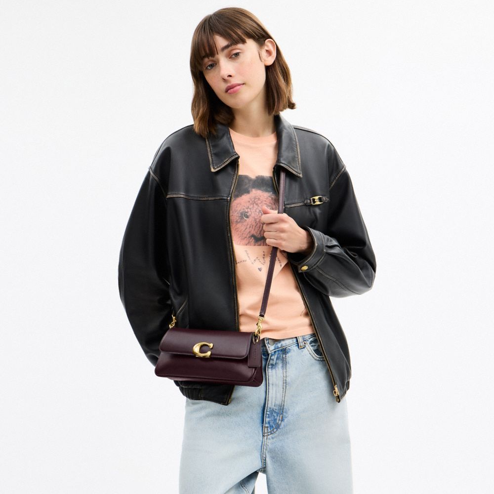 COACH®,Jet Shoulder Bag,Calfskin Leather,Shoulder Bag,Logo,Metal,Embossed,Gold Metal,Day Party,Brown,Detail View