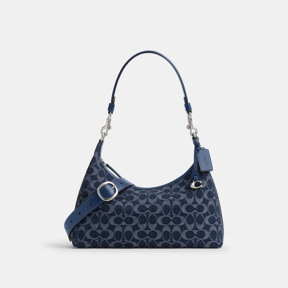 COACH®,SAC ÉPAULE JULIET EN DENIM EXCLUSIF,Denim,Argent/Bleu profond multi,Front View