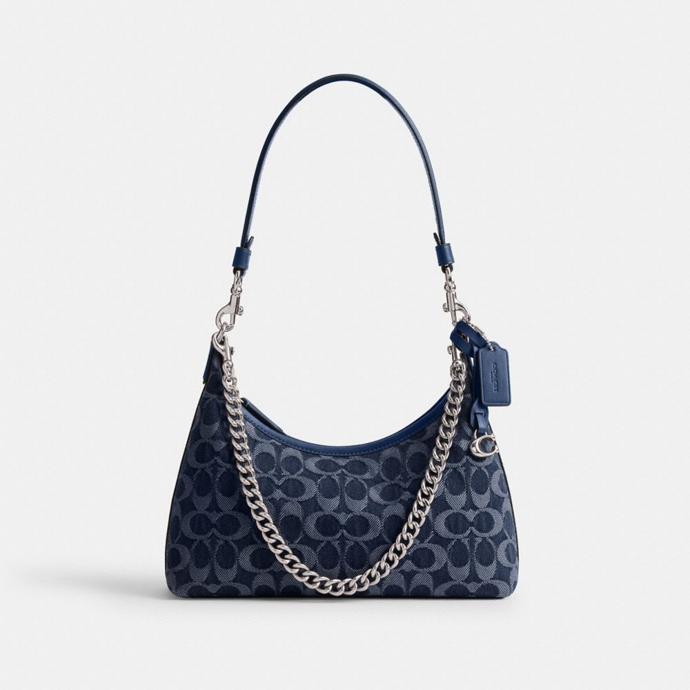 COACH®,SAC ÉPAULE JULIET 25 EN DENIM EXCLUSIF,Denim,Argent/Bleu profond multi,Front View