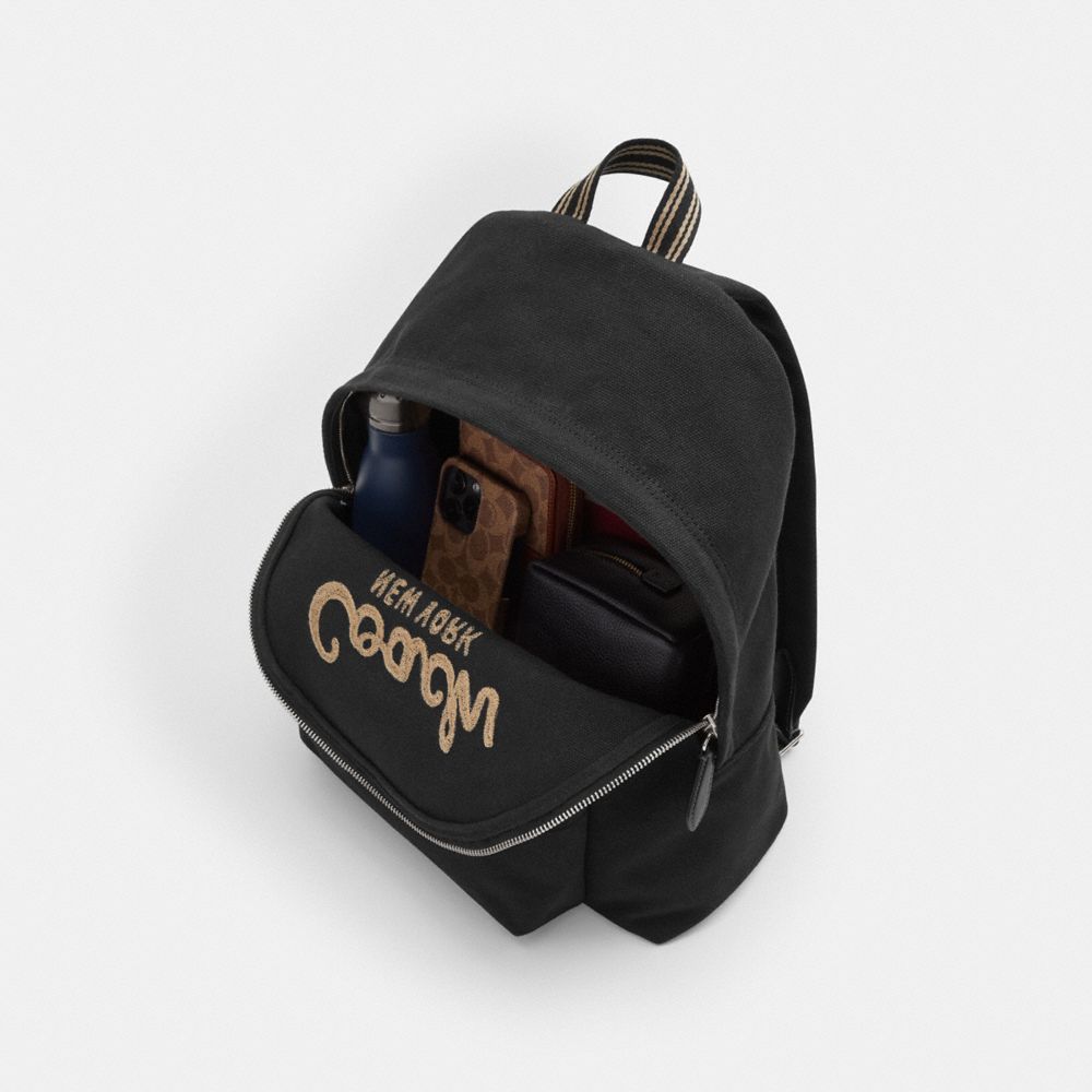 COACH®,Cargo Backpack,Canvas,Backpack,Stripe,Adjustable,Silver Metal,Casual,Black,Inside View,Top View