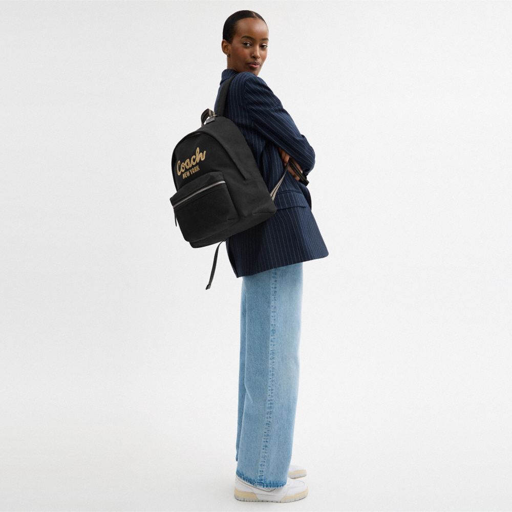COACH®,Cargo Backpack,Canvas,Backpack,Stripe,Adjustable,Silver Metal,Casual,Black,Detail View