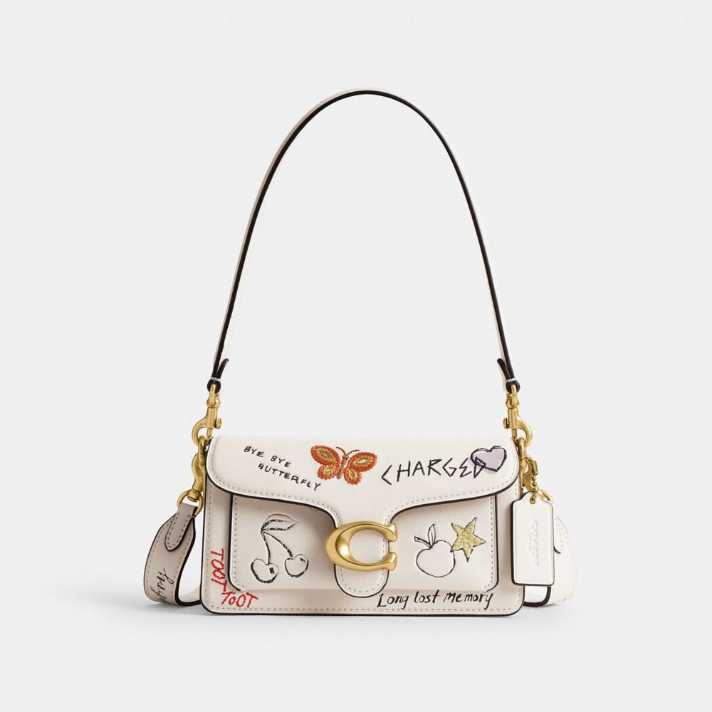 COACH®,Tabby Shoulder Bag 20 With Sketch Print,Leather,Shoulder Bag,Metal,Embroidered,Adjustable,Day Party,Cream,Front View