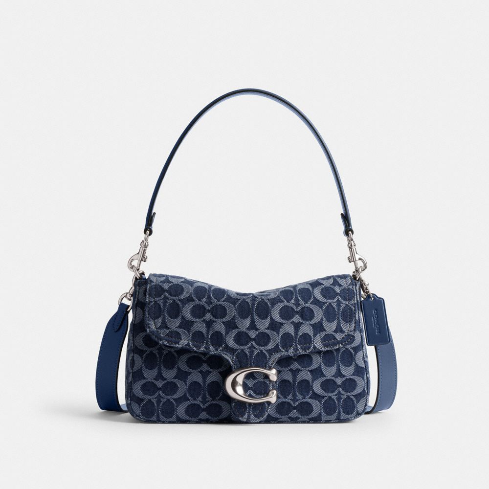 COACH®,SAC ÉPAULE SOFT TABBY EN DENIM EXCLUSIF,Denim,Argent/Bleu profond multi,Front View