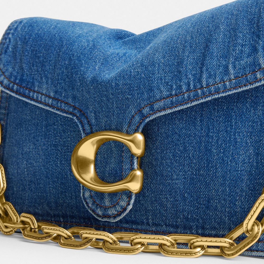 COACH®,Chain Tabby Shoulder Bag,Calfskin Leather,Denim,Shoulder Bag,Chain Detail,Logo,Metal,Compact,Brass,Day Party,Blue,Closer View