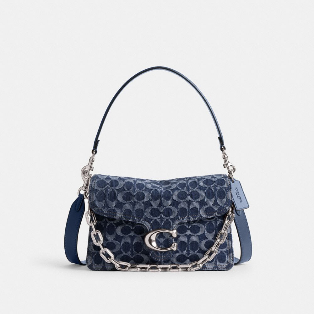 COACH®,Chain Tabby Shoulder Bag In Signature Denim,Navy,Front View