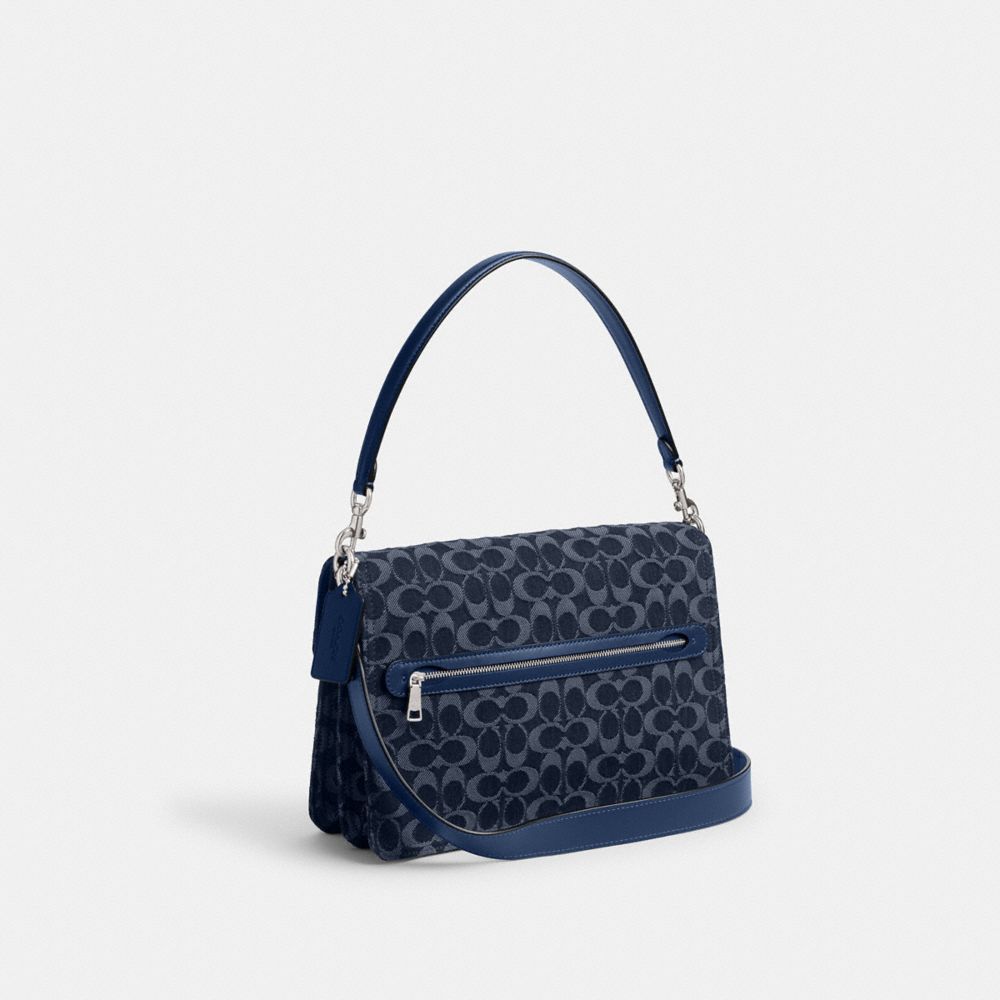 COACH®,SAC ÉPAULE CHAIN TABBY 30 EN DENIM EXCLUSIF,Denim,Argent/Bleu profond multi,Angle View