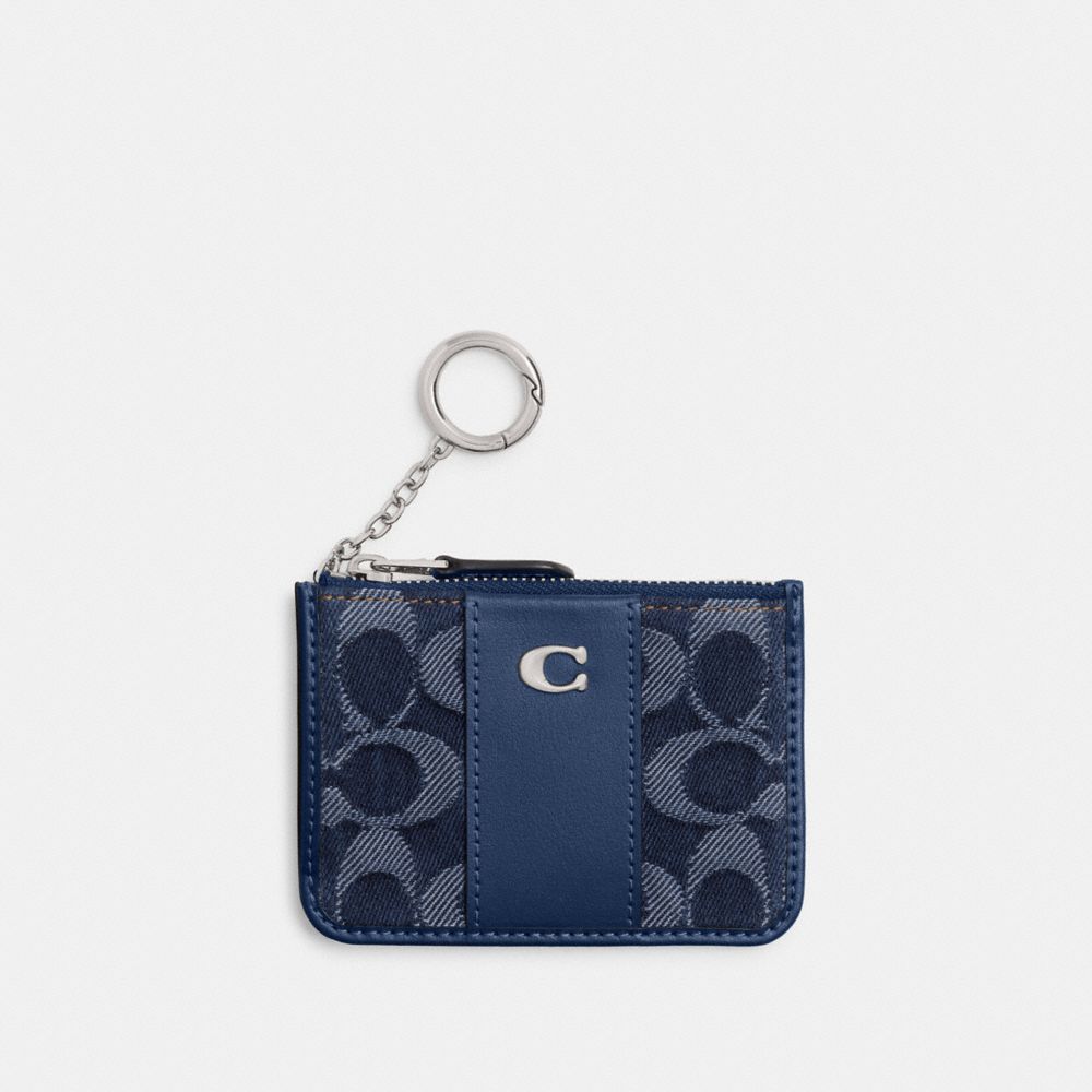 COACH®,Essential Mini Id Card Case In Signature Denim,Navy,Front View