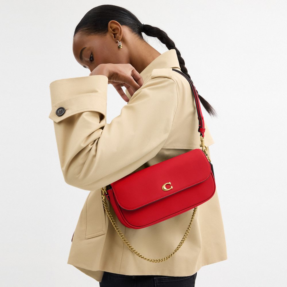 COACH®,Brook Flap Chain Bag,Calfskin Leather,Shoulder Bag,Metal,Logo,Embossed,Adjustable,Compact,Shoulder Guard,Brass,Casual,Red,Detail View