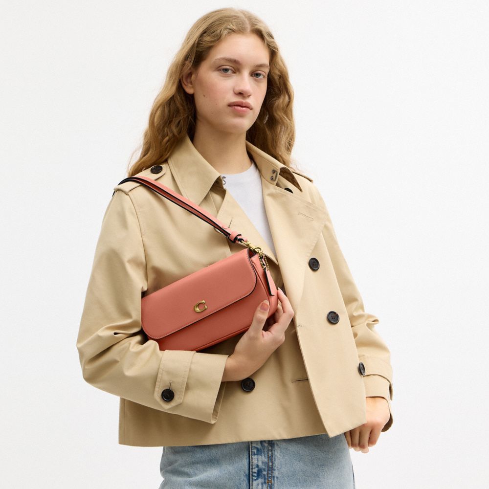 COACH®,Brook Flap Chain Bag,Calfskin Leather,Shoulder Bag,Logo,Embossed,Metal,Adjustable,Compact,Shoulder Guard,Brass,Casual,Brown,Detail View