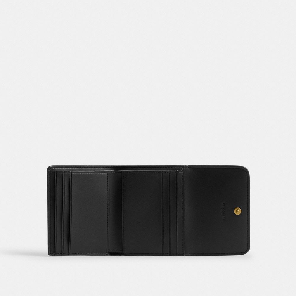 COACH®,Mila Small Flap Wallet,Leather,Tri Fold,Metal,Logo,Casual,Black,Inside View,Top View