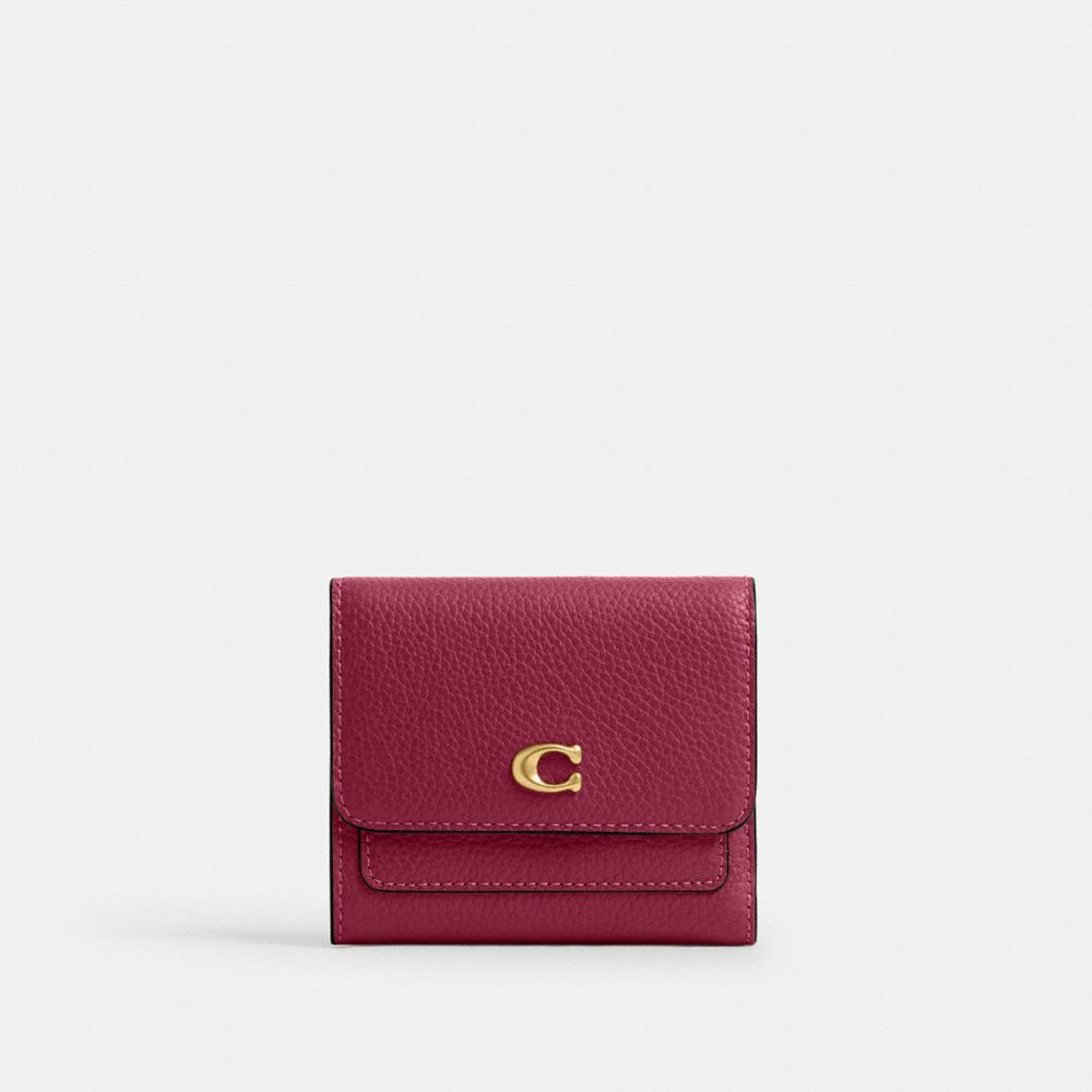 COACH®,PETIT PORTEFEUILLE À RABAT MILA,Cuir galet,Laiton/Fuchsia foncé,Front View