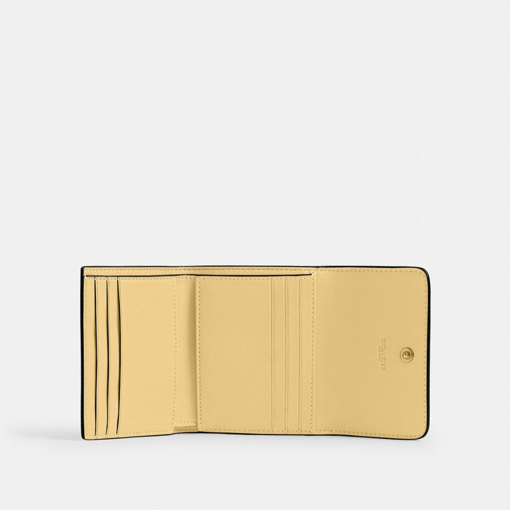 COACH®,Mila Small Flap Wallet,Leather,Tri Fold,Logo,Metal,Casual,Yellow,Inside View,Top View