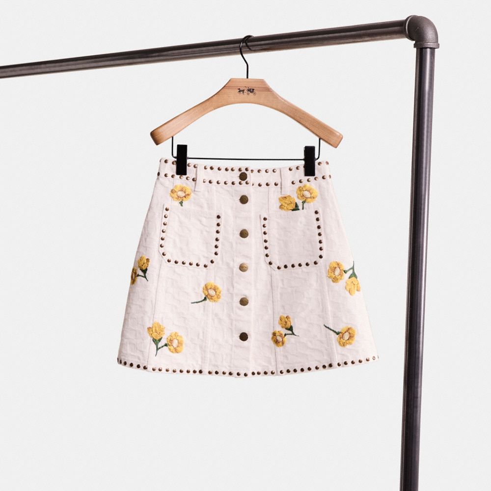 COACH®,Upcrafted Signature Denim Skirt,Cotton,A-Line,Embroidered,Studded,Embellished,Day Party,White,Front View