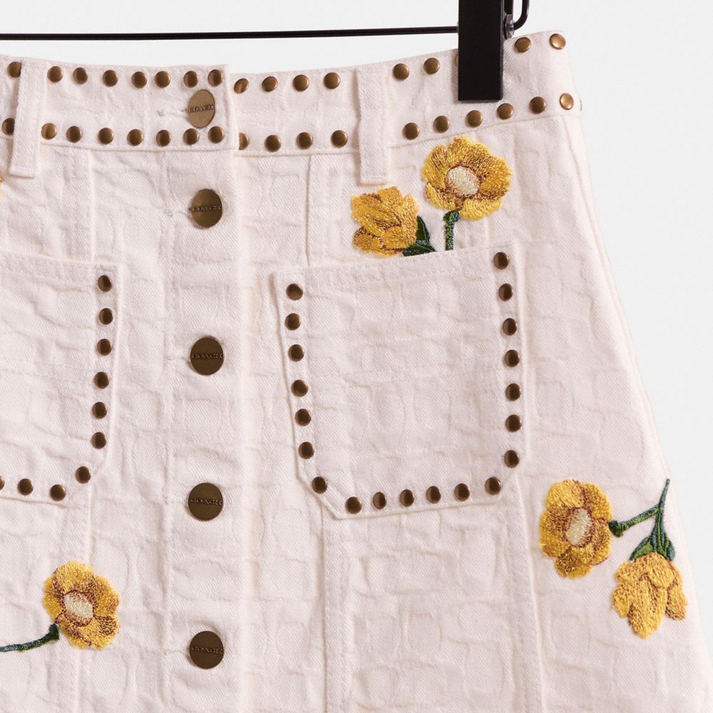 COACH®,Upcrafted Signature Denim Skirt,Cotton,A-Line,Embroidered,Studded,Embellished,Day Party,White,Scale View