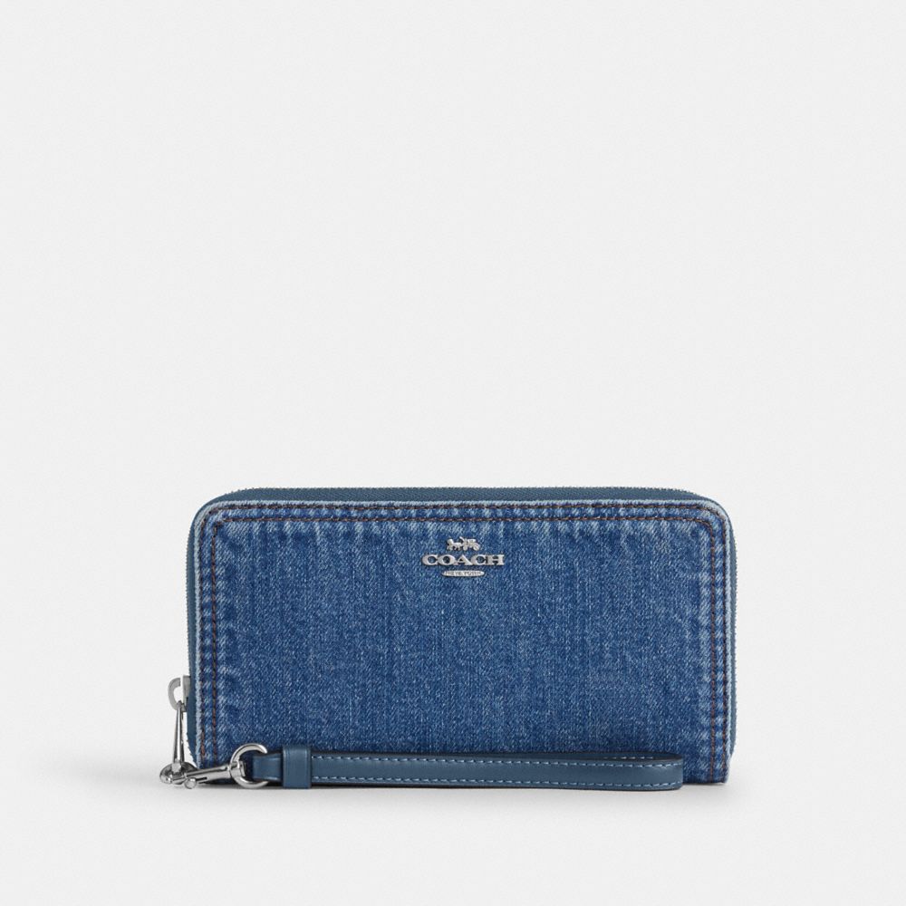 COACH®,Long Zip Around Wallet In Denim,,Front View