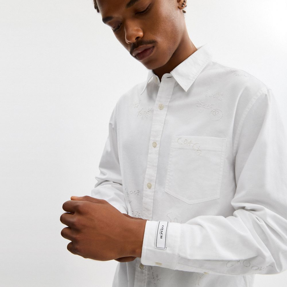 COACH®,Embroidered Button Up Shirt,White,Detail View