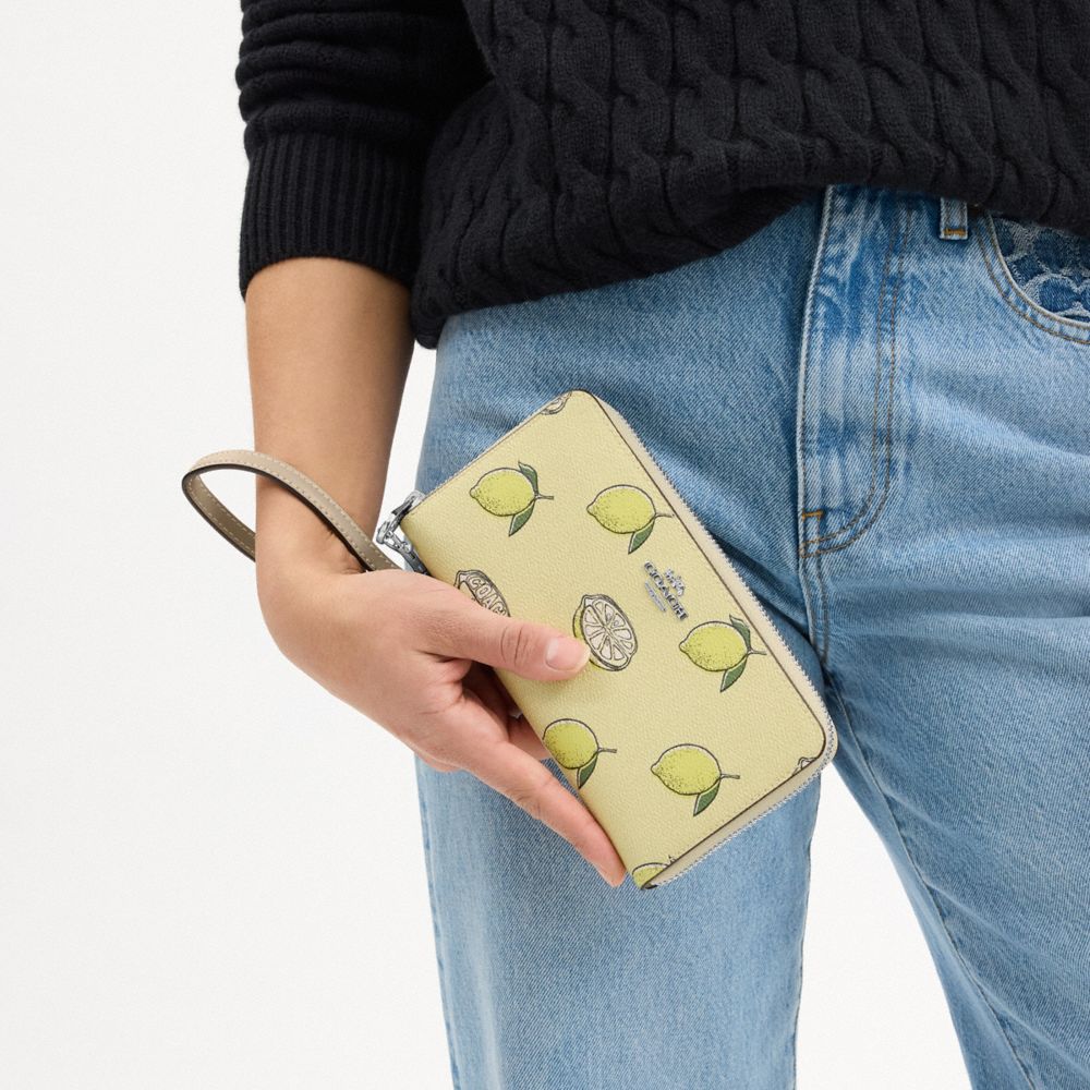 COACH®,Long Zip Around Wallet With Lemon Print,Yellow,Detail View