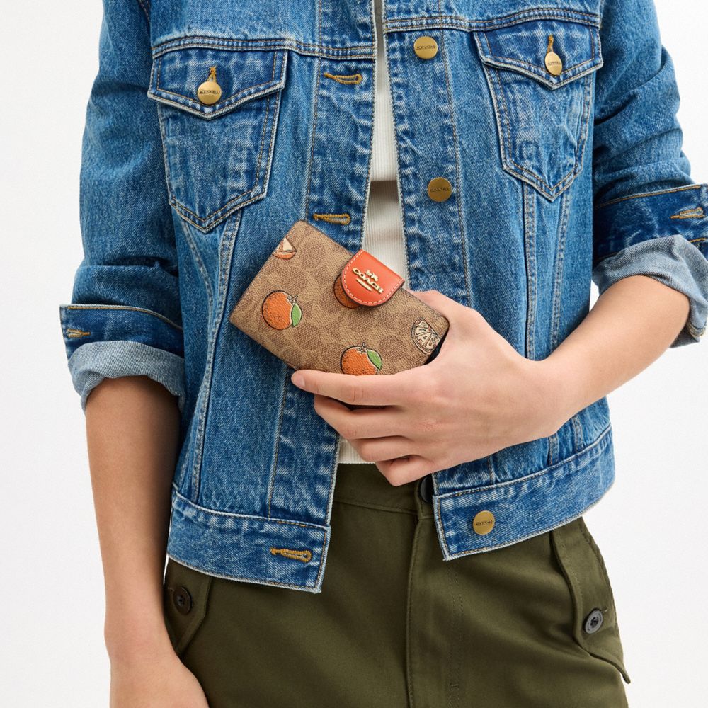 COACH®,Medium Corner Zip Wallet In Signature Canvas With Orange Print,Brown,Detail View