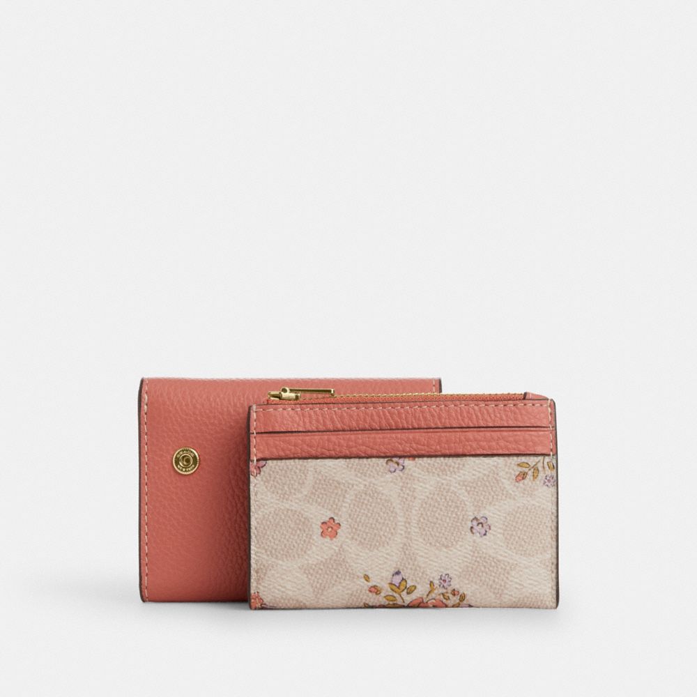 COACH®,Card Holder Wallet In Signature Canvas With Floral Print,,Angle View