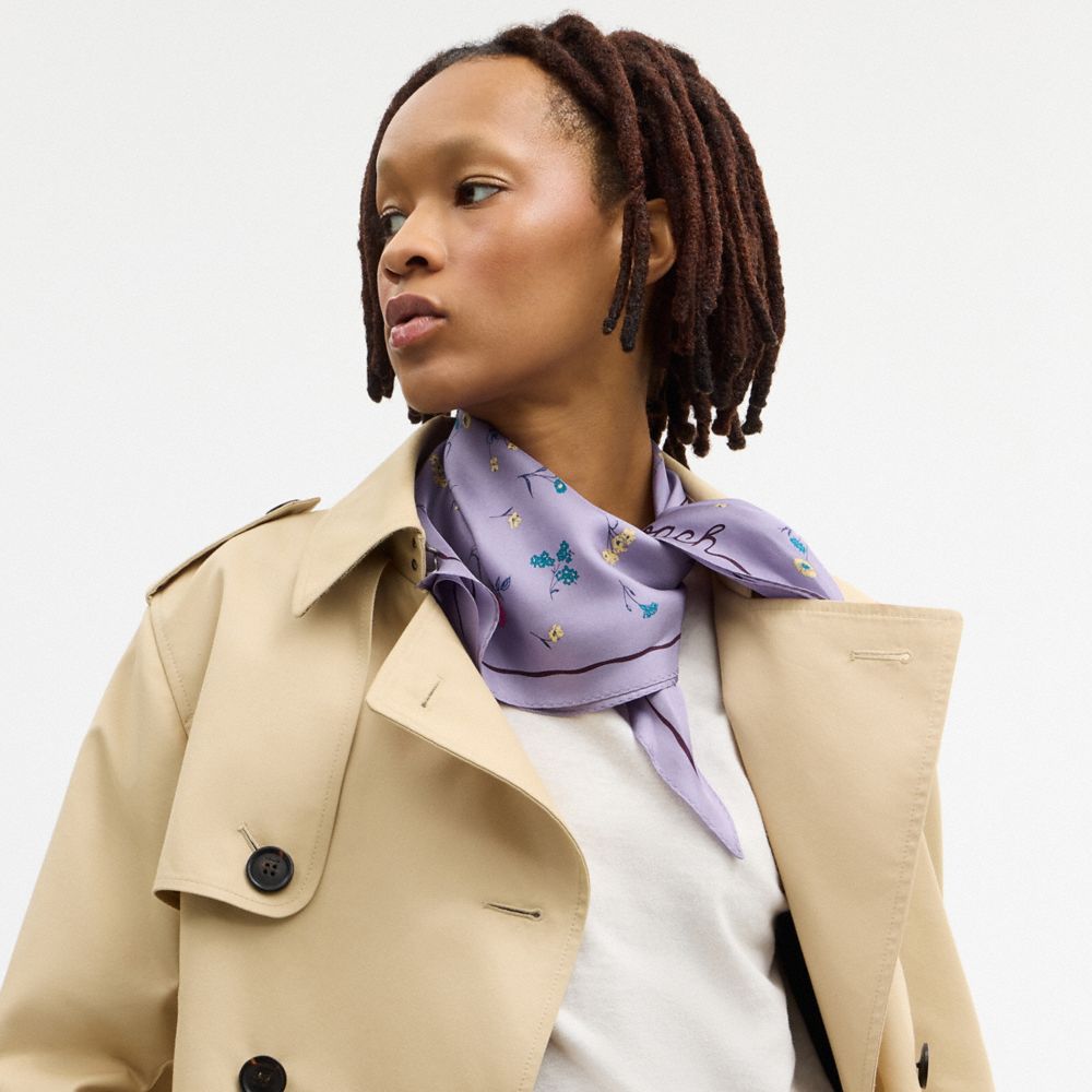 COACH®,Tossed Floral Print Silk Diamond Scarf,Silk,Bandana,Piping,Casual,Lavender,Detail View