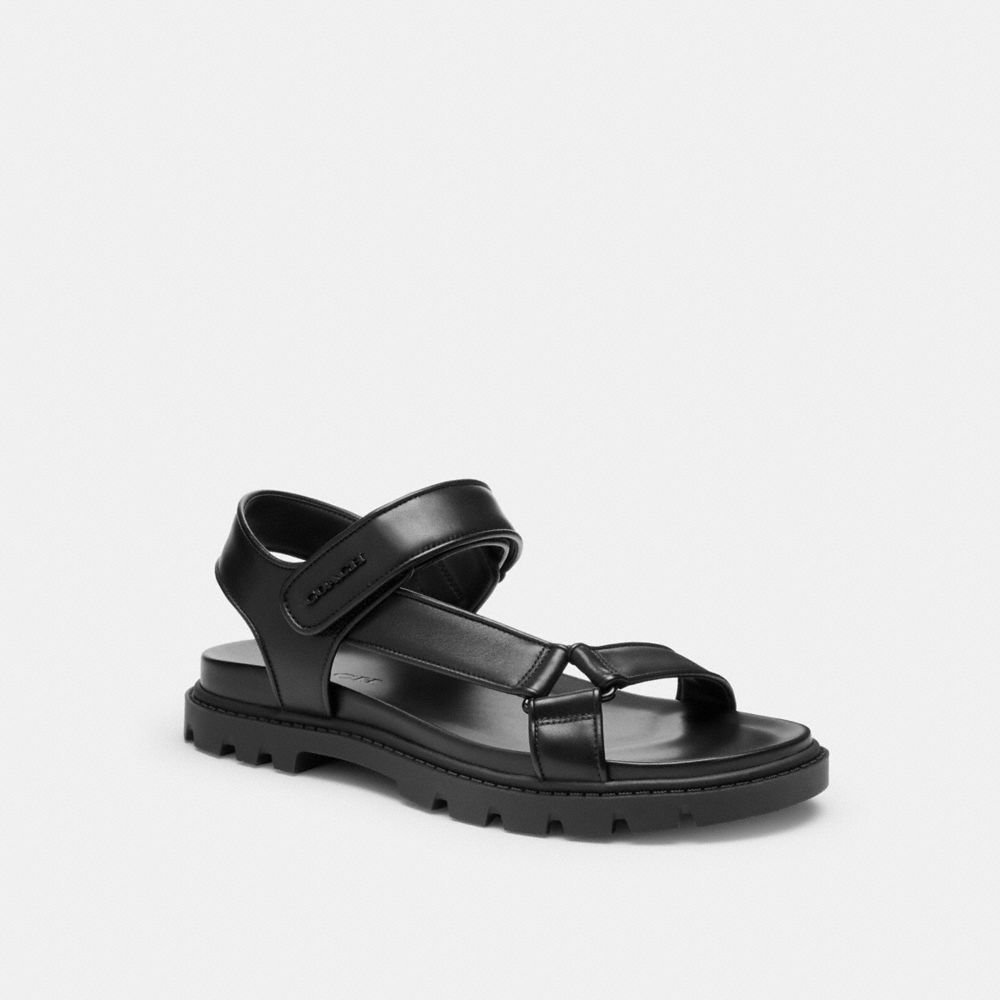 COACH®,Sport Sandal,Leather,Rubber,Sandals,Logo,Metal,Harness Embellishment,Pull Tab,Casual,Black,Front View image number 0