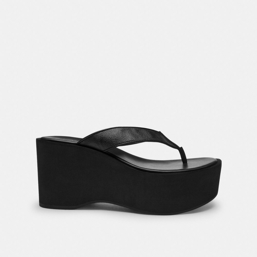 COACH®,Thong Wedge Sandal In Signature Canvas,Black,Angle View