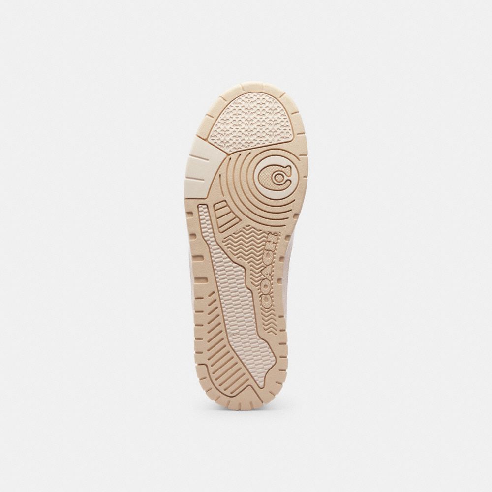 COACH®,Soho Sneaker,Leather,Suede,Rubber,Casual,Metal,Mixed Media,Piping,Perforated,Color Block,Logo,Cushioned,Sustainable...,Beige,Outsole View