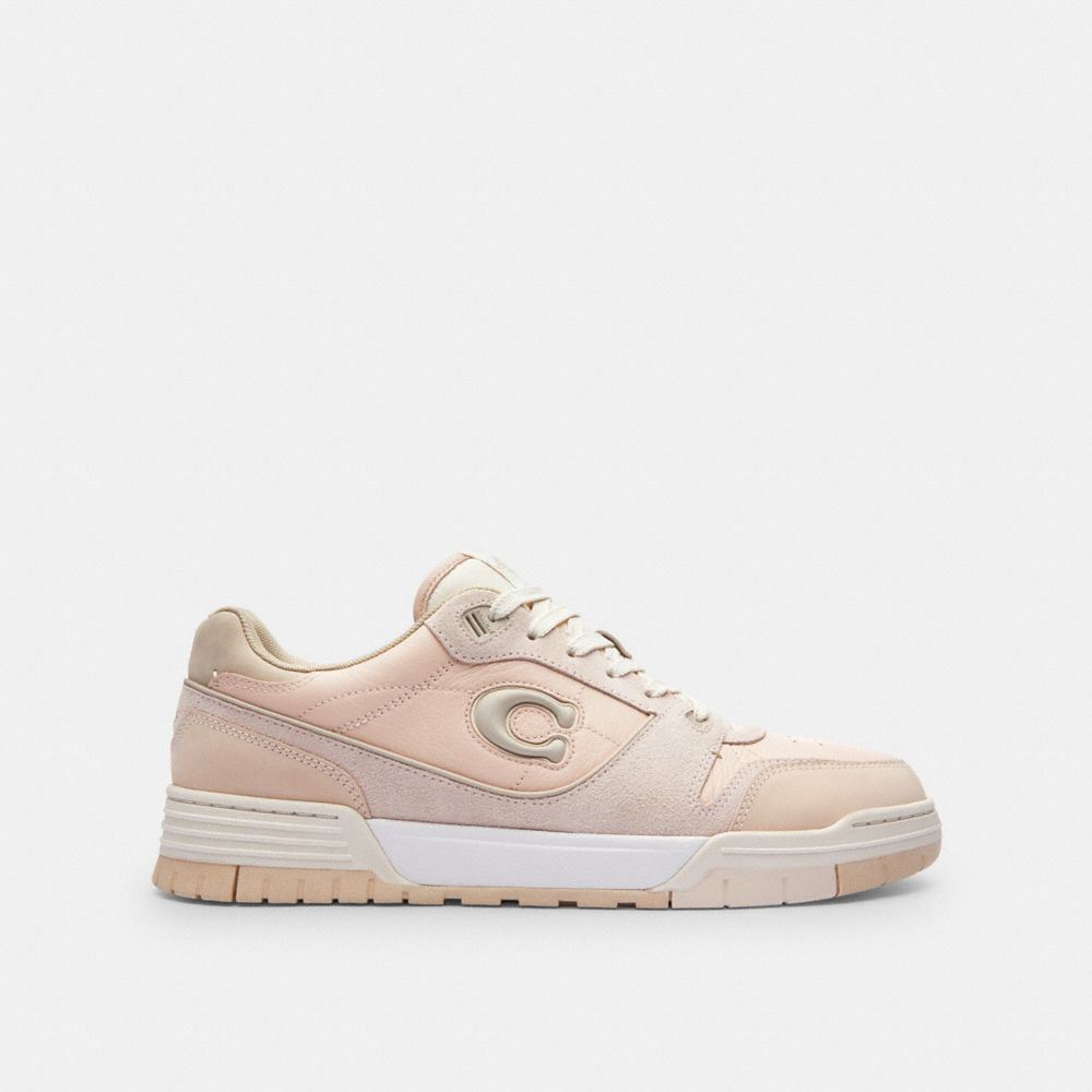 COACH®,Soho Sneaker,Leather,Suede,Rubber,Casual,Metal,Mixed Media,Piping,Perforated,Color Block,Logo,Cushioned,Sustainable...,Beige,Angle View