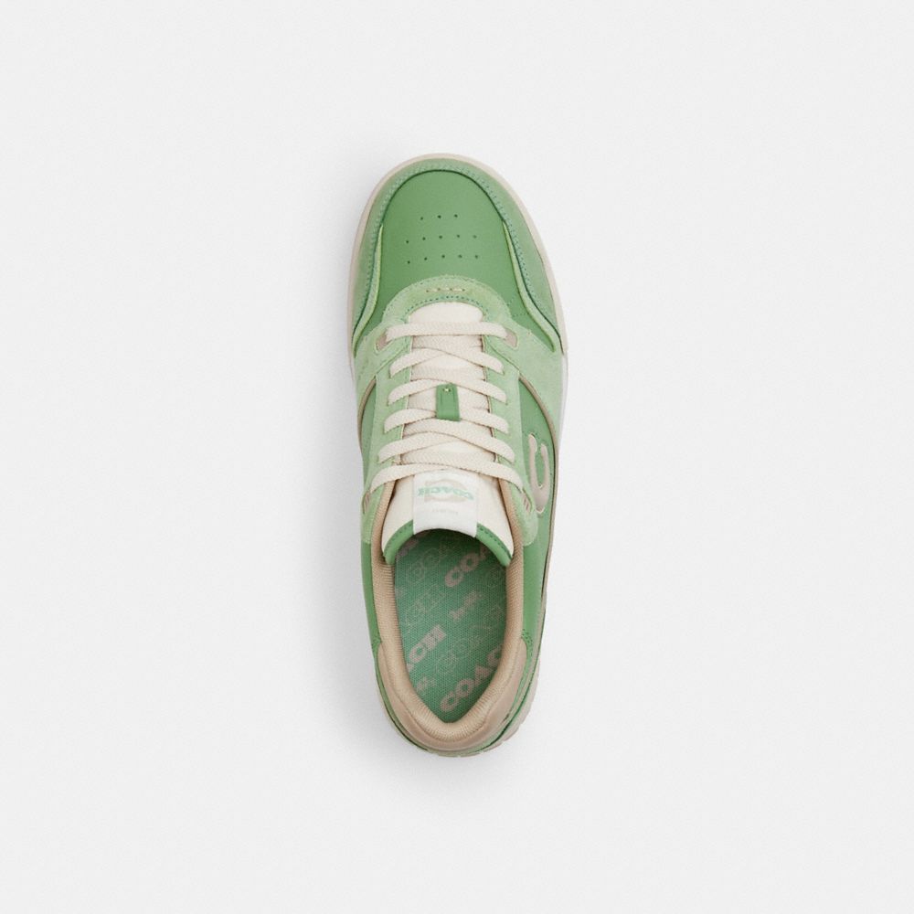 COACH®,Soho Sneaker,Leather,Suede,Rubber,Casual,Metal,Mixed Media,Piping,Perforated,Color Block,Logo,Cushioned,Sustainable...,Green,Inside View,Top View