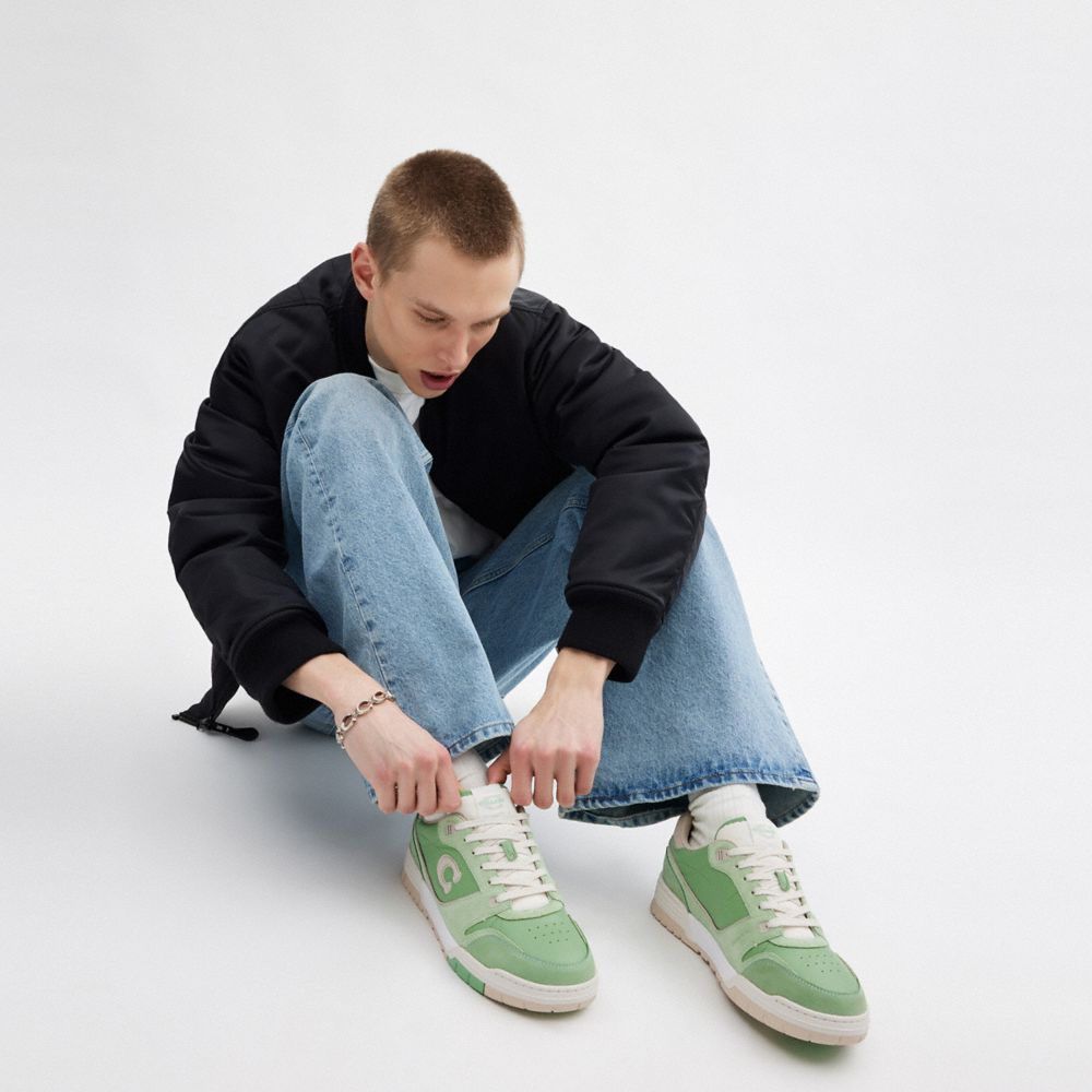 COACH®,Soho Sneaker,Leather,Suede,Rubber,Casual,Metal,Mixed Media,Piping,Perforated,Color Block,Logo,Cushioned,Sustainable...,Green,Detail View