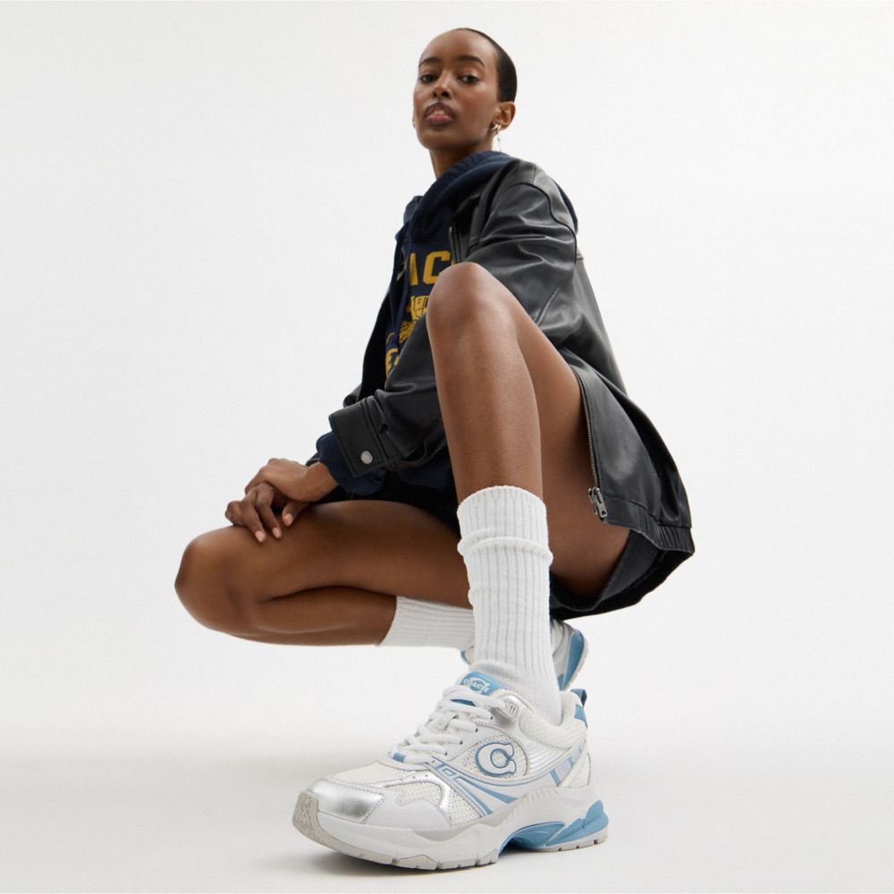 COACH®,Mesh Sneaker,Rubber,Mesh,Leather,Casual,Color Block,Mixed Media,Logo,Perforated,Traction,Casual,White,Detail View