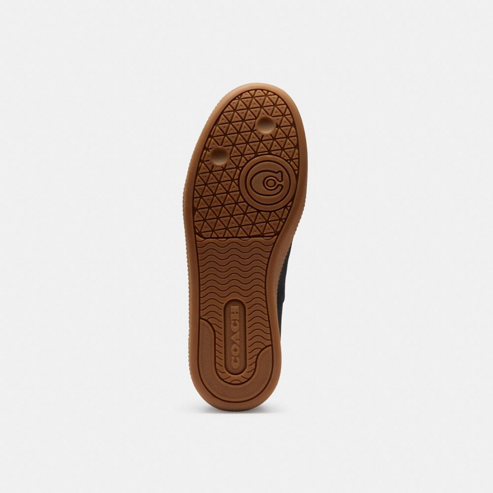 COACH®,Ellis Sneaker,Leather,Rubber,Suede,Casual,Mixed Media,Logo,Color Block,Pull Tab,Casual,Black,Outsole View