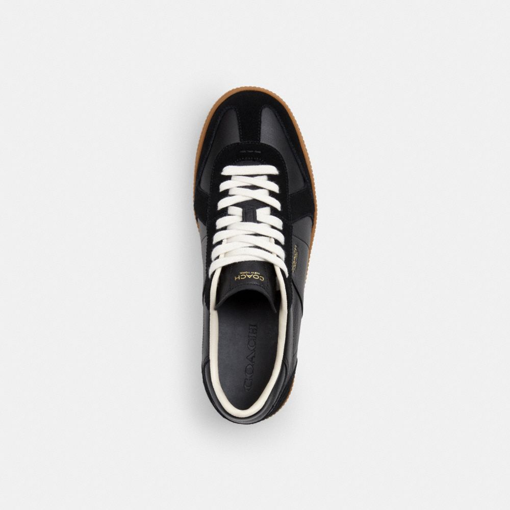 COACH®,Ellis Sneaker,Rubber,Suede,Leather,Casual,Mixed Media,Logo,Color Block,Pull Tab,Casual,Black,Inside View,Top View