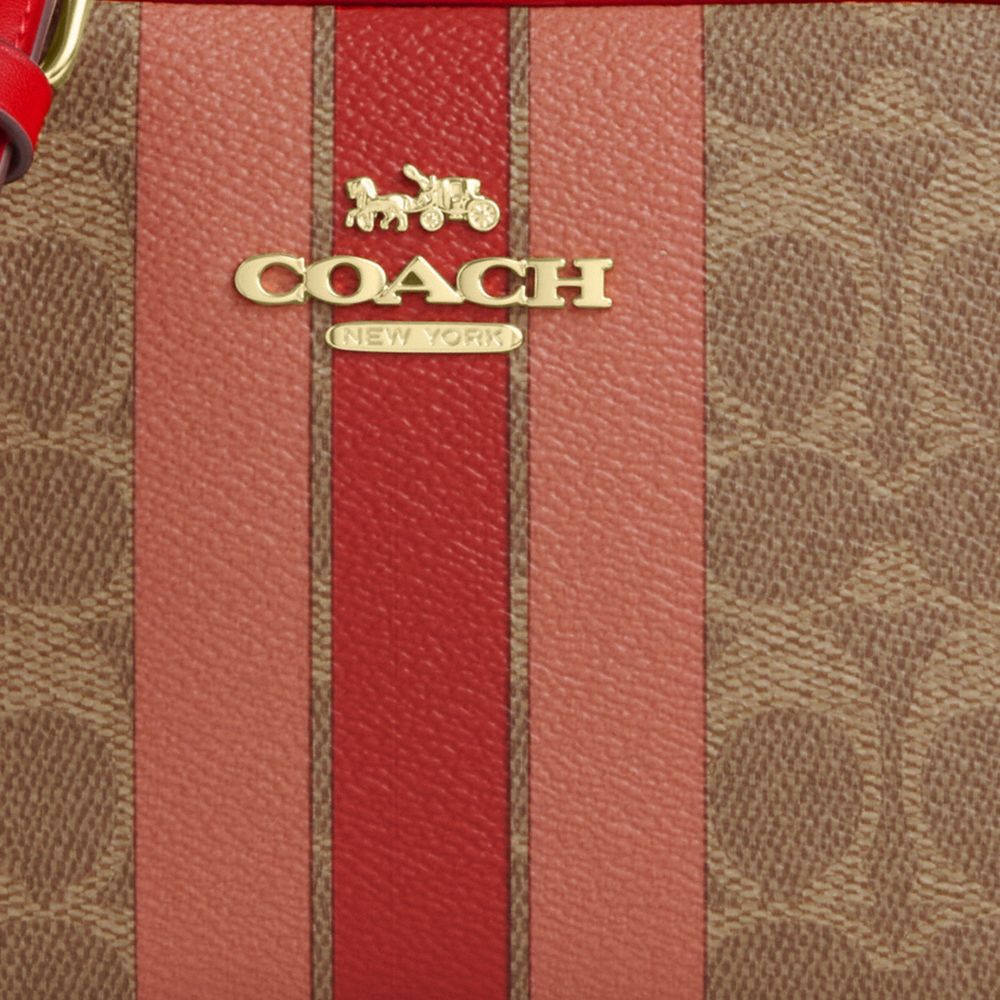 COACH®,Mini Jamie Camera Bag In Signature Canvas With Stripe,Canvas,Camera Bag,Color Block,Metal,Piping,Gold Metal,Casual,Brown,Closer View