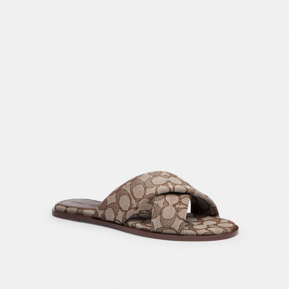 COACH®,Link Criss Cross Slide In Signature Jacquard,Rubber,Recycled Polyester,Organic Cotton,Slides,Sustainable,Casual,Brown,Front View image number 0