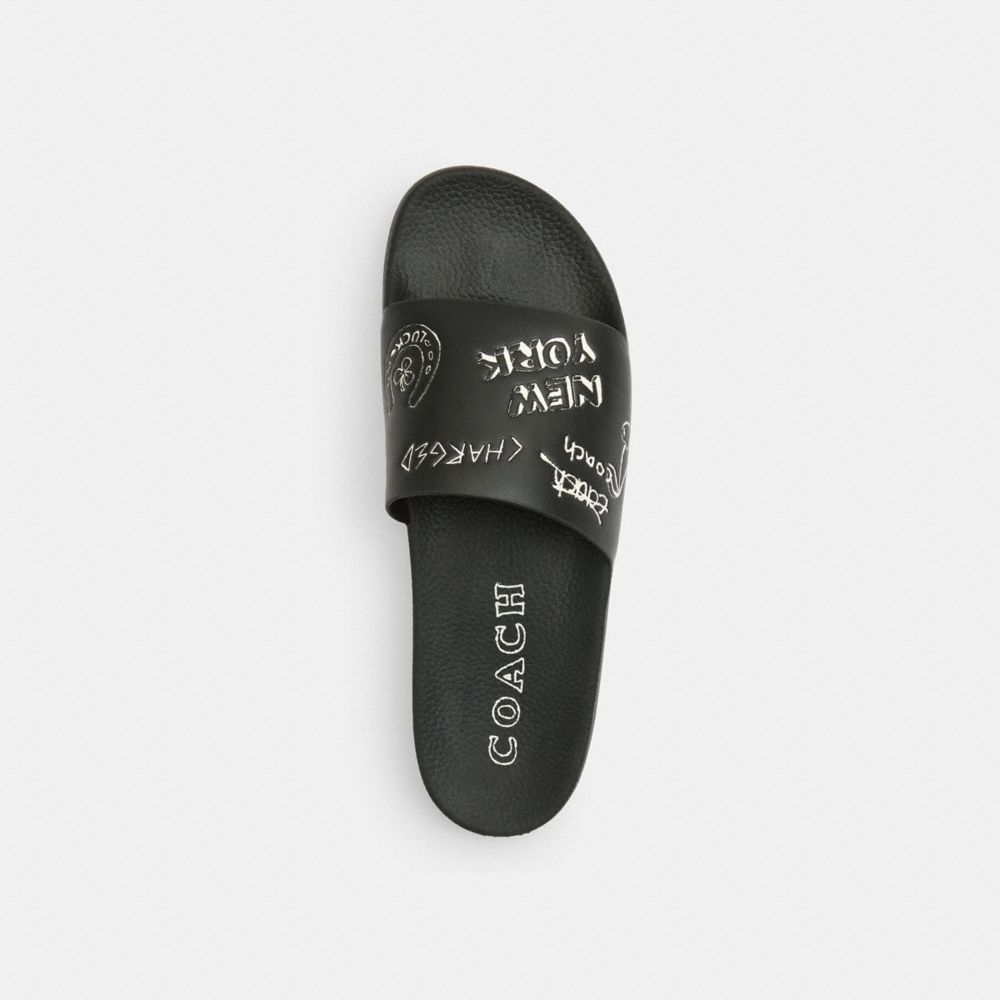 COACH®,Pool Slide With Sketch Print,Black,Inside View,Top View