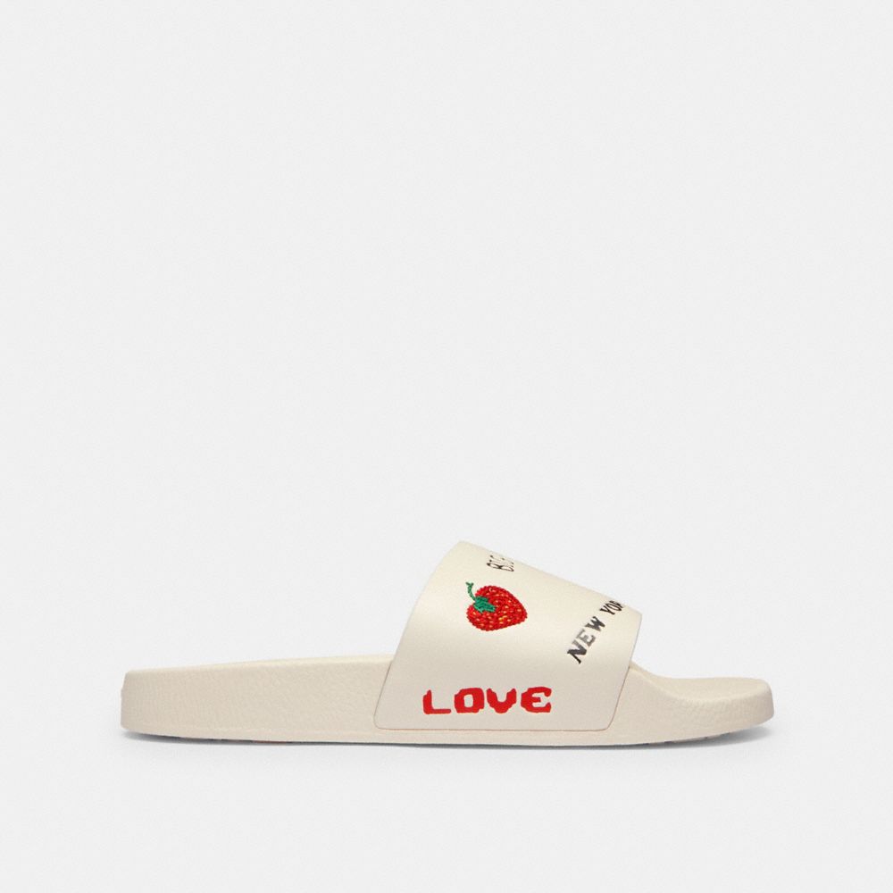 COACH®,Pool Slide With Sketch Print,Cream,Angle View
