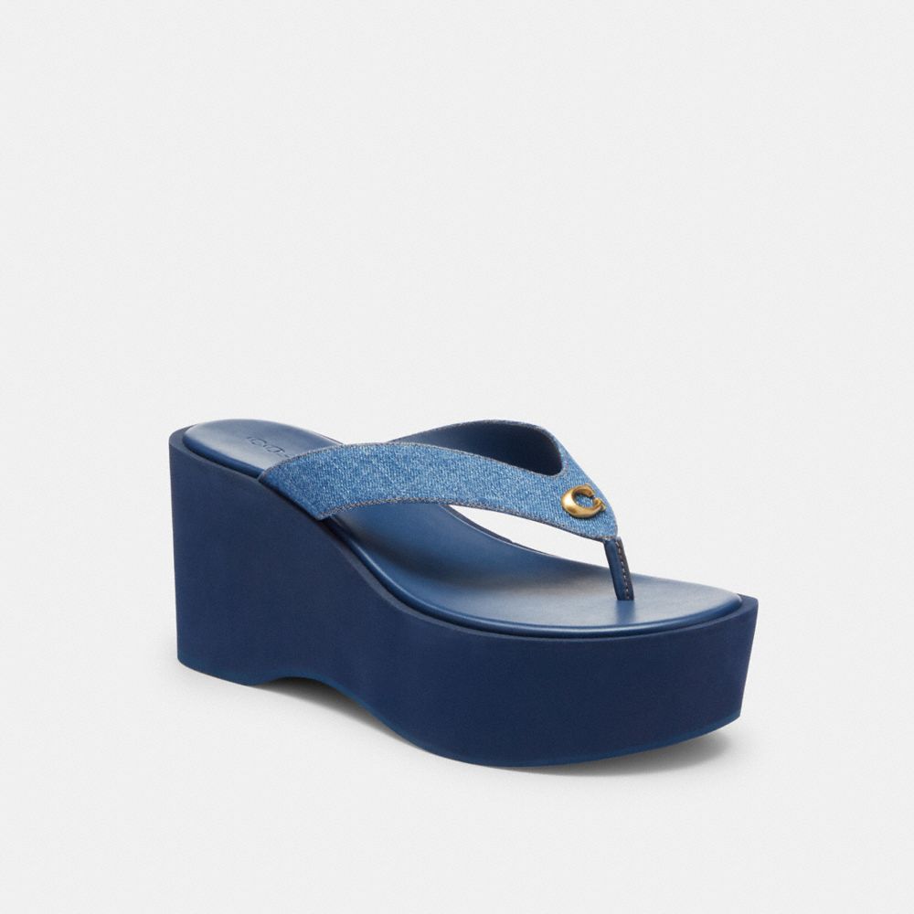 COACH®,Sculpted C Platform Flip Flop,Rubber,Denim,Flip Flops,Metal,Logo,Cushioned,Traction,Casual,Blue,Front View