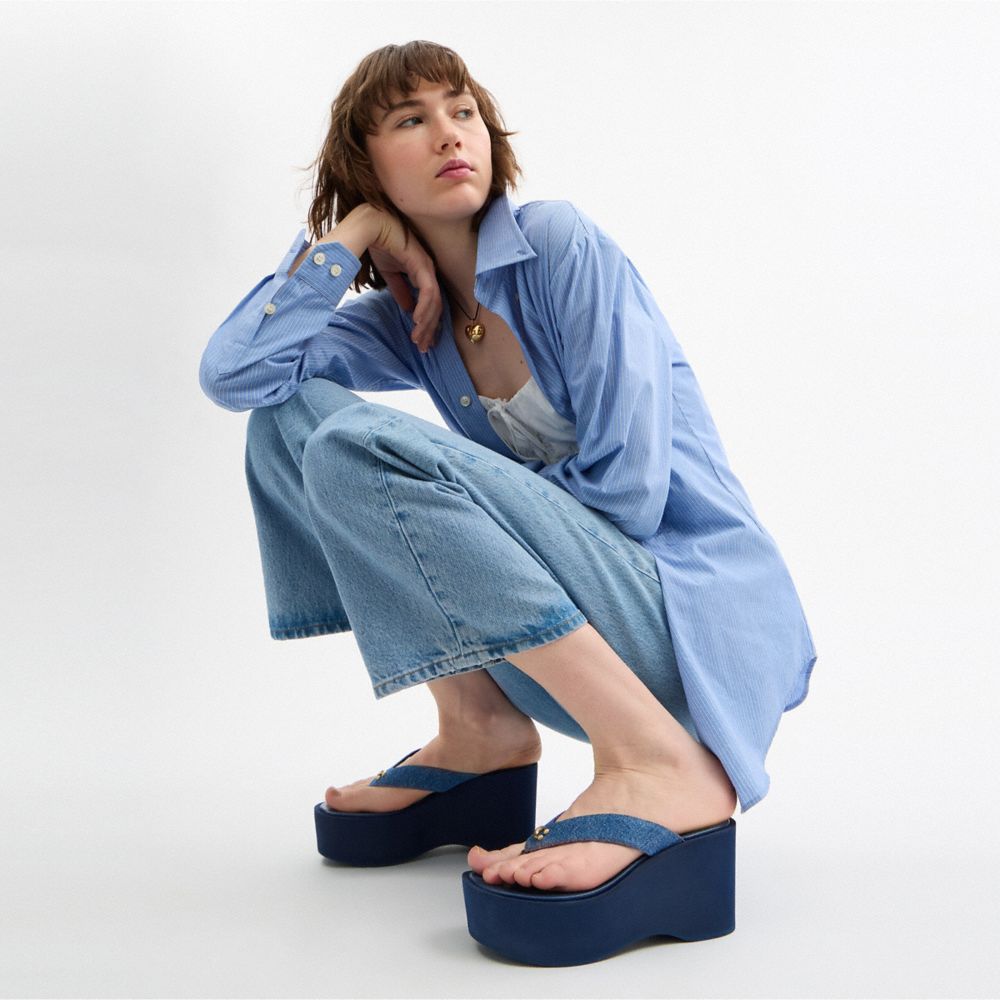 COACH®,Sculpted C Platform Flip Flop,Rubber,Denim,Flip Flops,Metal,Logo,Cushioned,Traction,Casual,Blue,Detail View