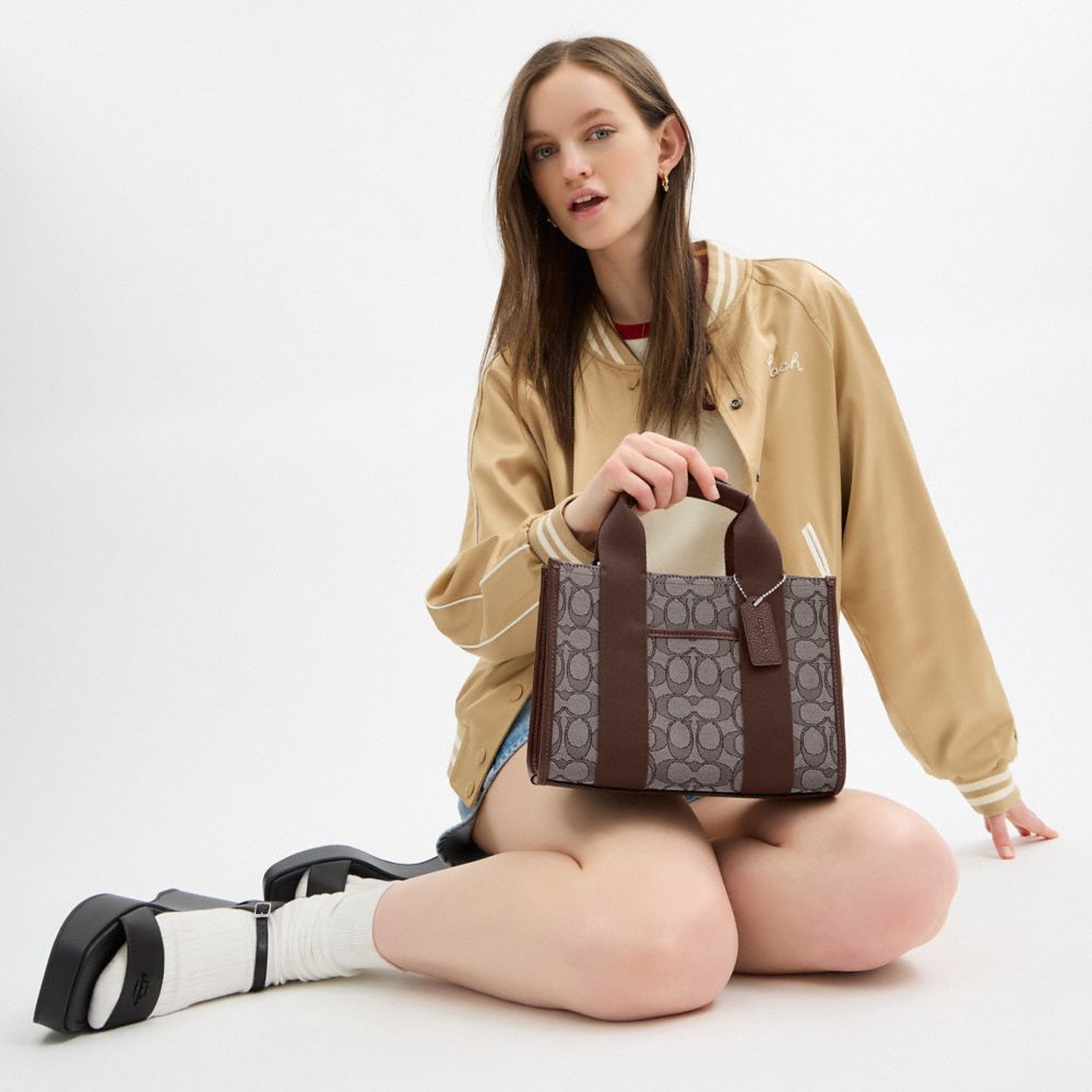 COACH®,Smith Tote Bag 24 In Signature Jacquard,Recycled Polyester,Tote,Color Block,Piping,Casual,Brown,Detail View